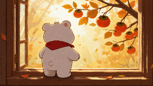 Five-panel AI image series of a white bear in colorful autumn scenes
